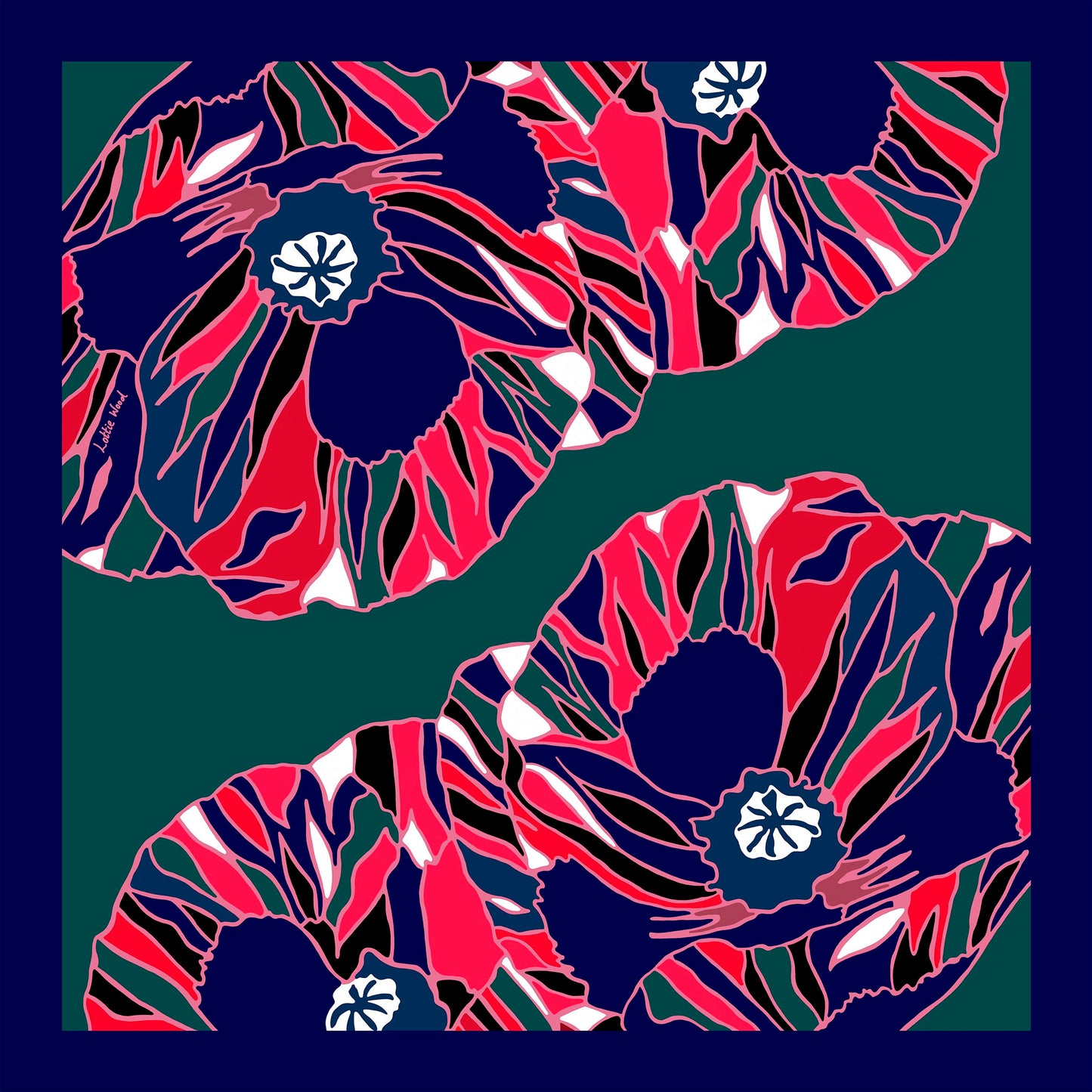 Green Poppy Print Silk Twill Scarf 68cm