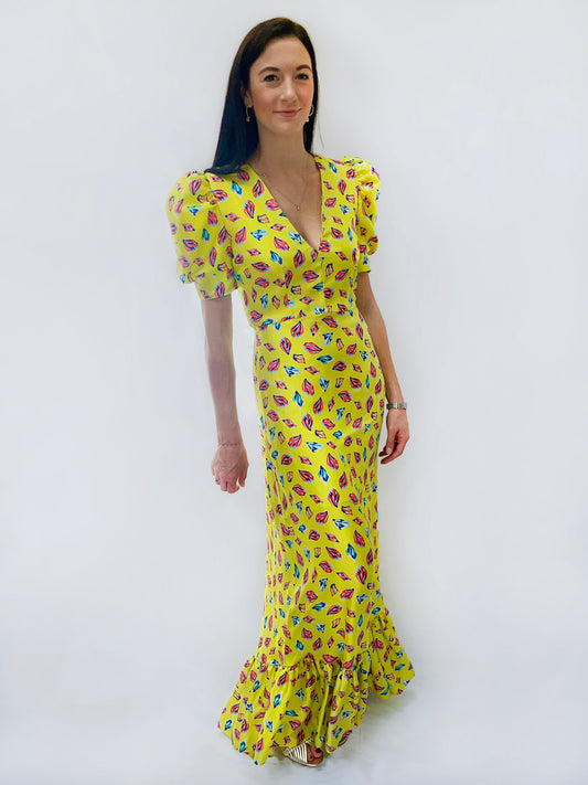 Silk Maxi dress in Yellow Confetti Print