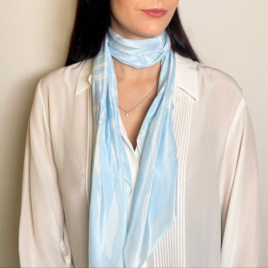 Tonal Blue Waterlily Crepe de Chine Scarf 90cm