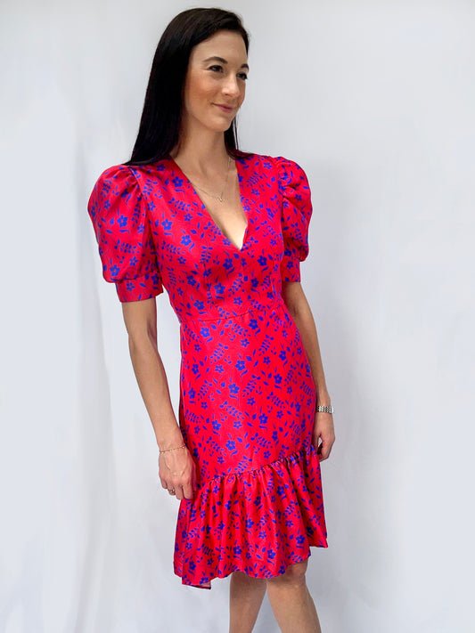 Silk Knee-Length Dress in Red Hibiscus Print