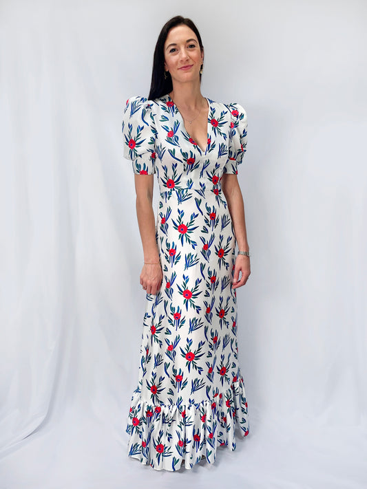 Silk Maxi Dress in White Poppy Print
