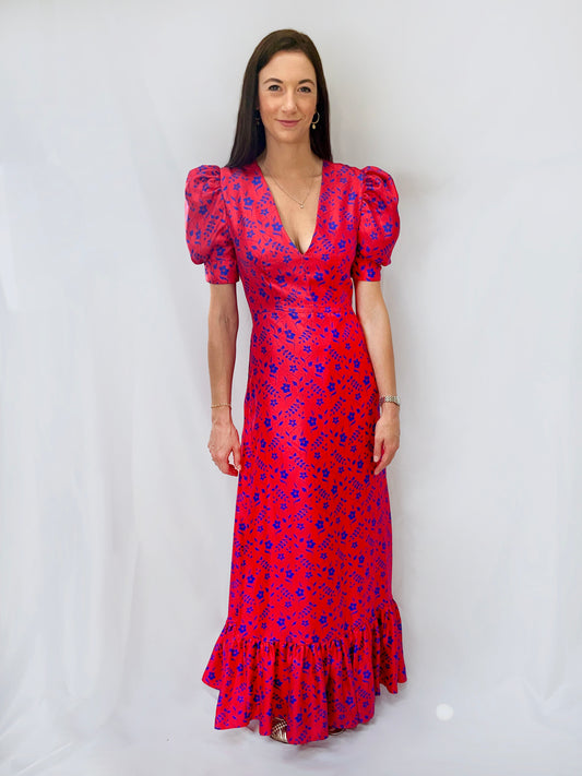 Silk Maxi Dress in Red Hibiscus Print