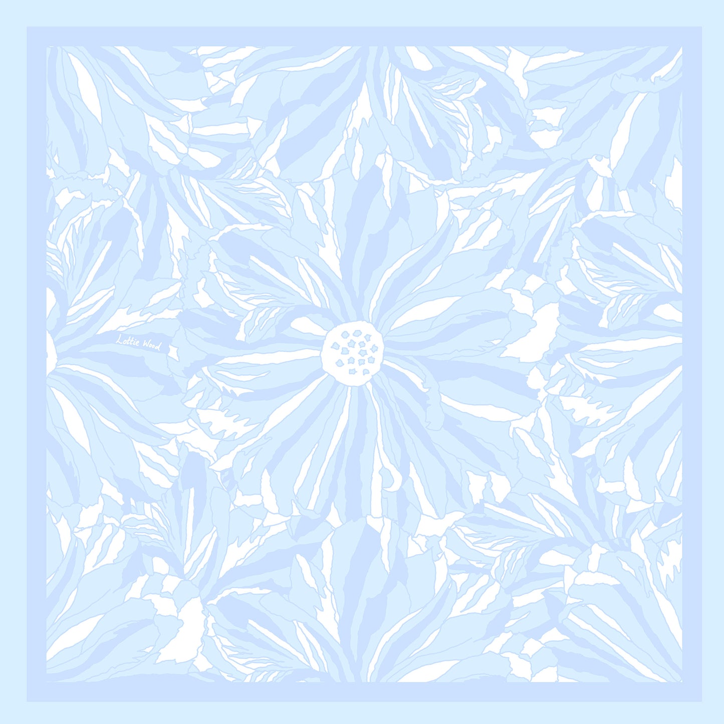 Tonal Blue Waterlily Crepe de Chine Scarf 90cm