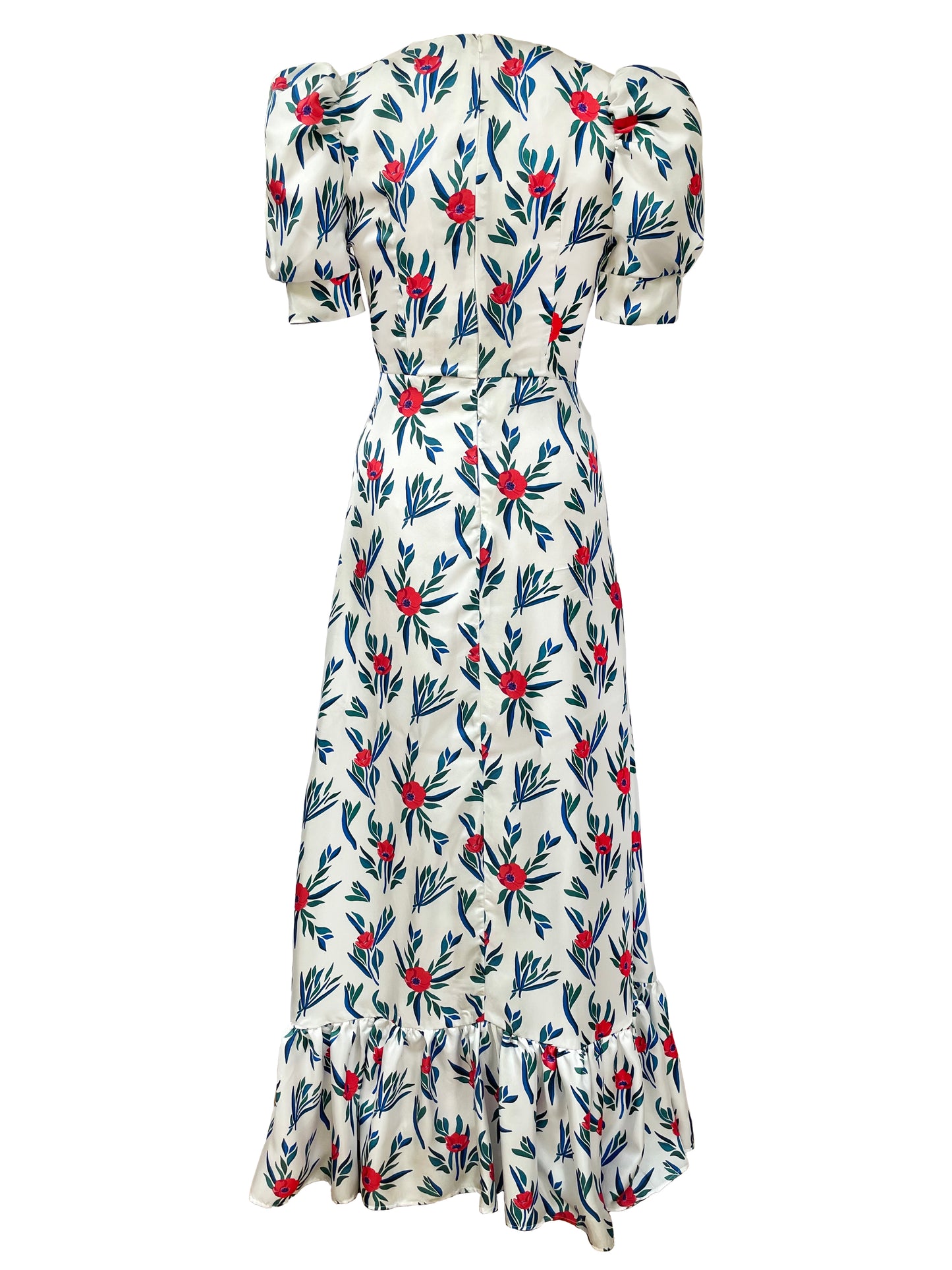 Silk Maxi Dress in White Poppy Print