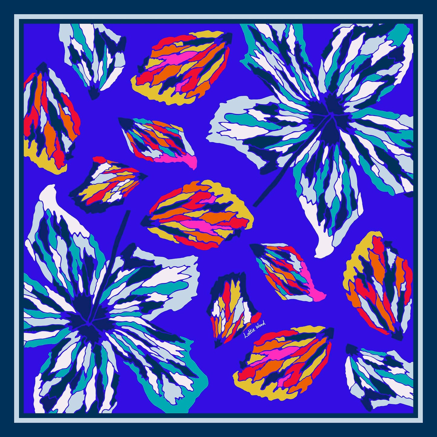 Blue Floral Hibiscus Print Silk Scarf 65cm