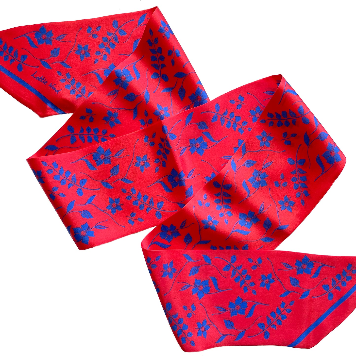 Red Floral Hibiscus Print Satin Twilly Scarf