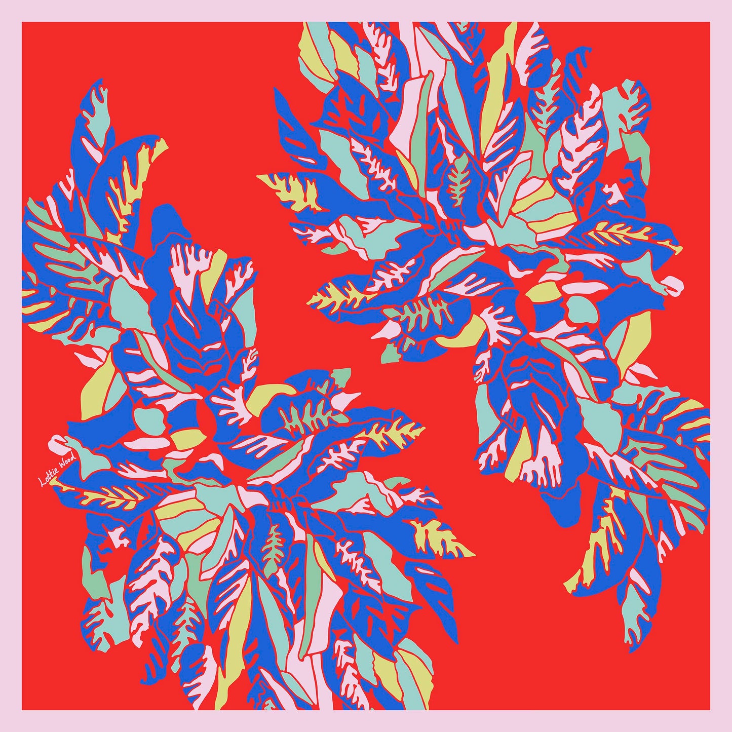Red Jungle Leaf Crepe de Chine Scarf 90cm