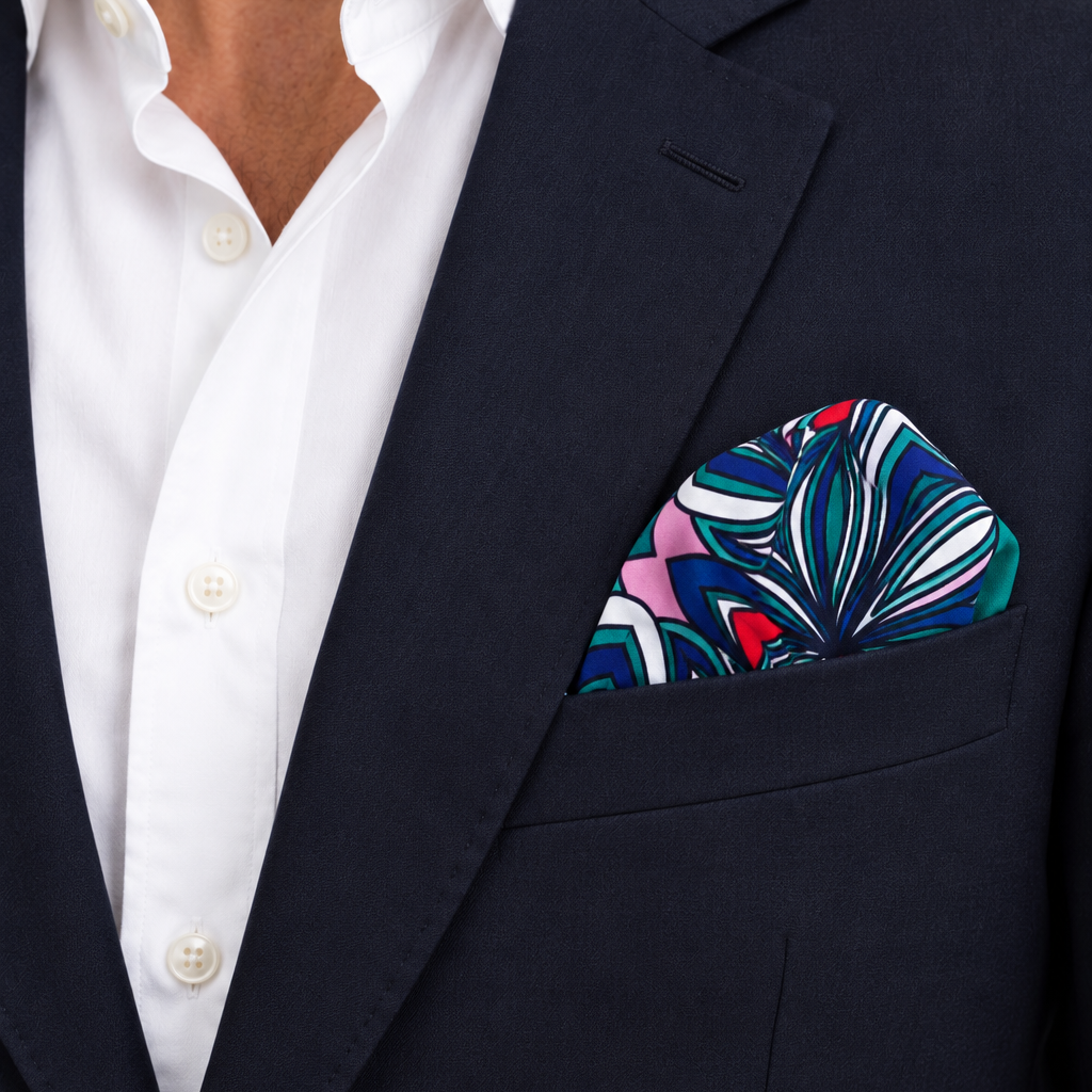 Hearts and Stripes silk pocket square styled in a navy blazer breast pocket with a white shirt