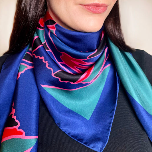 Green Poppy Print Silk Twill Scarf 90cm