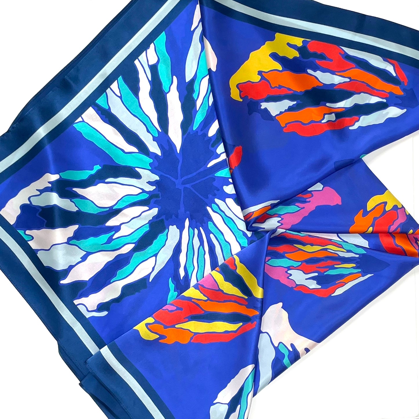 Blue Floral Hibiscus print silk scarf Large