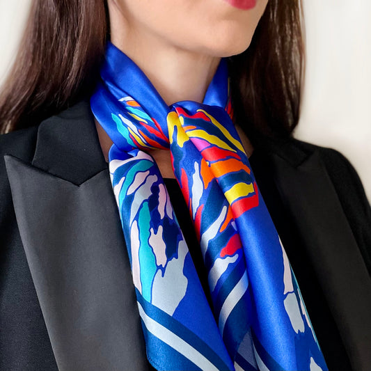 Blue Floral Hibiscus Print Silk Scarf 65cm