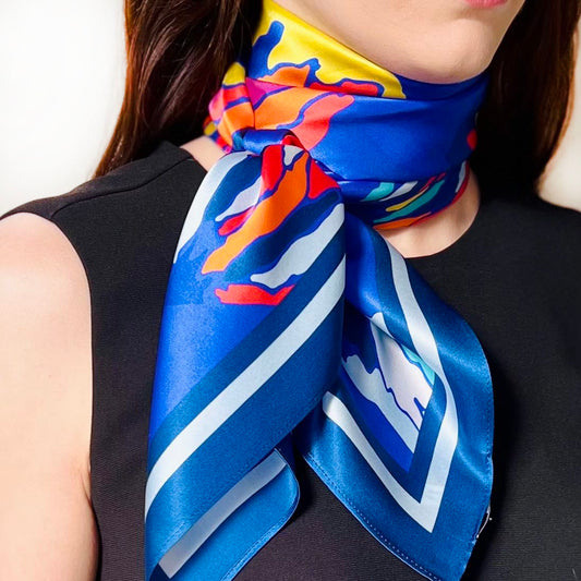 Blue Floral Hibiscus print silk scarf 90cm