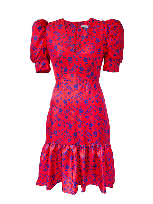 Lottie Silk Knee-Length Dress in Red Hibiscus Print