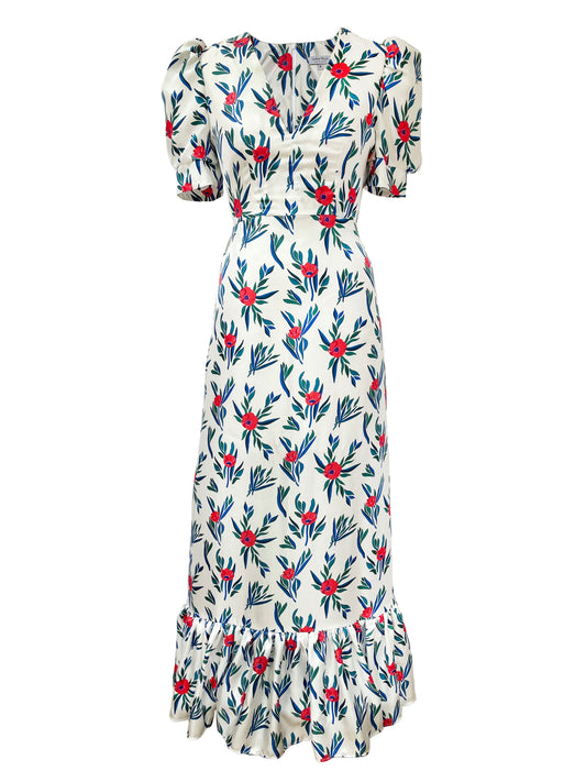 Lottie Silk Maxi Dress in White Poppy Print