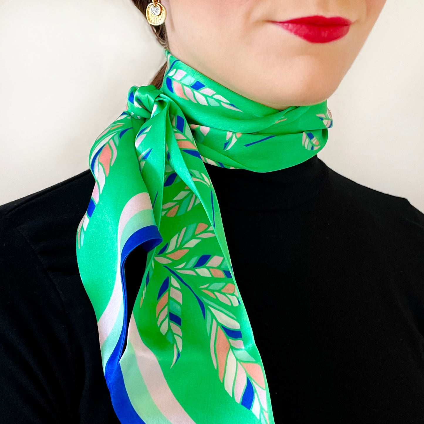 Green Falling Leaf Print Silk Skinny Scarf