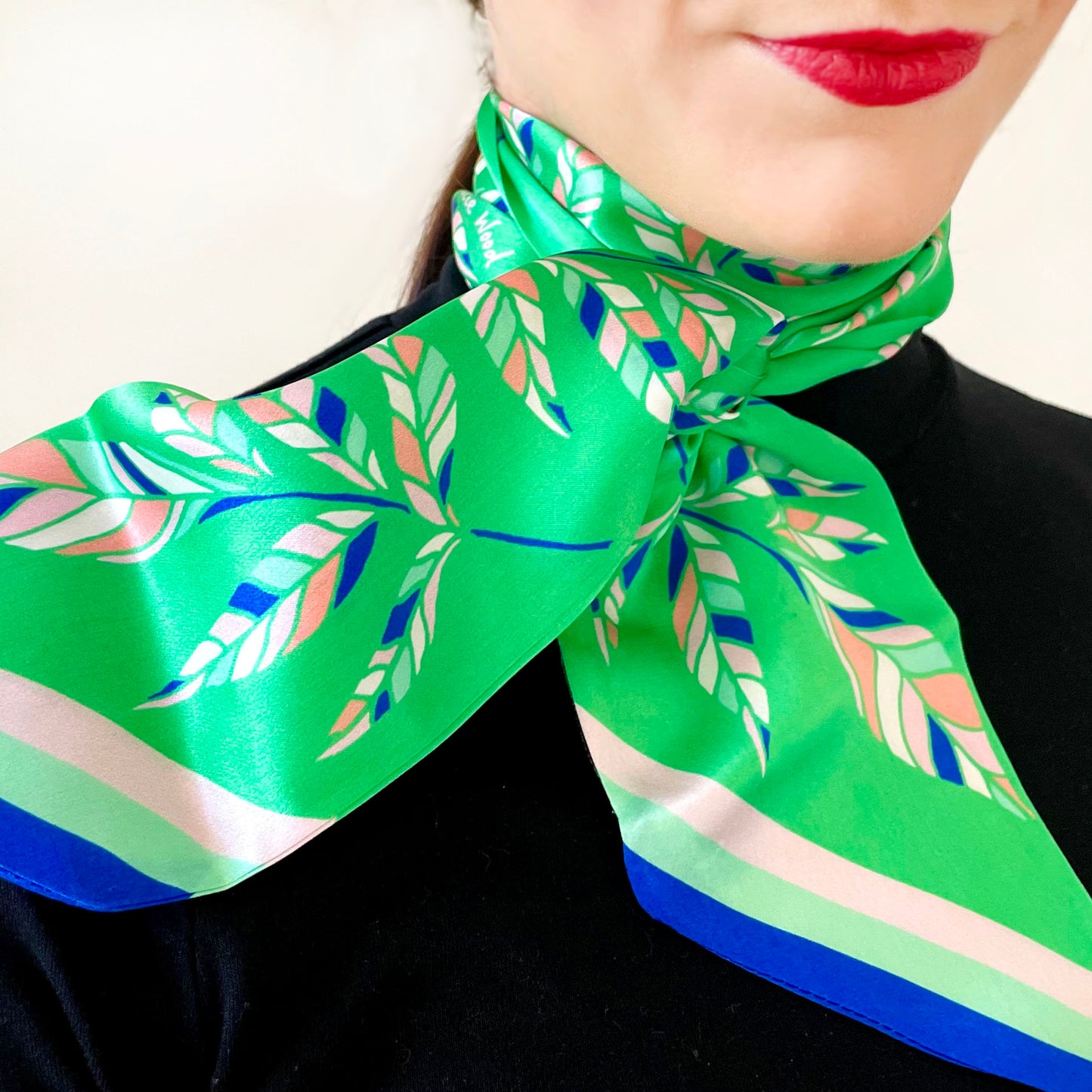 Green Falling Leaf Print Silk Skinny Scarf