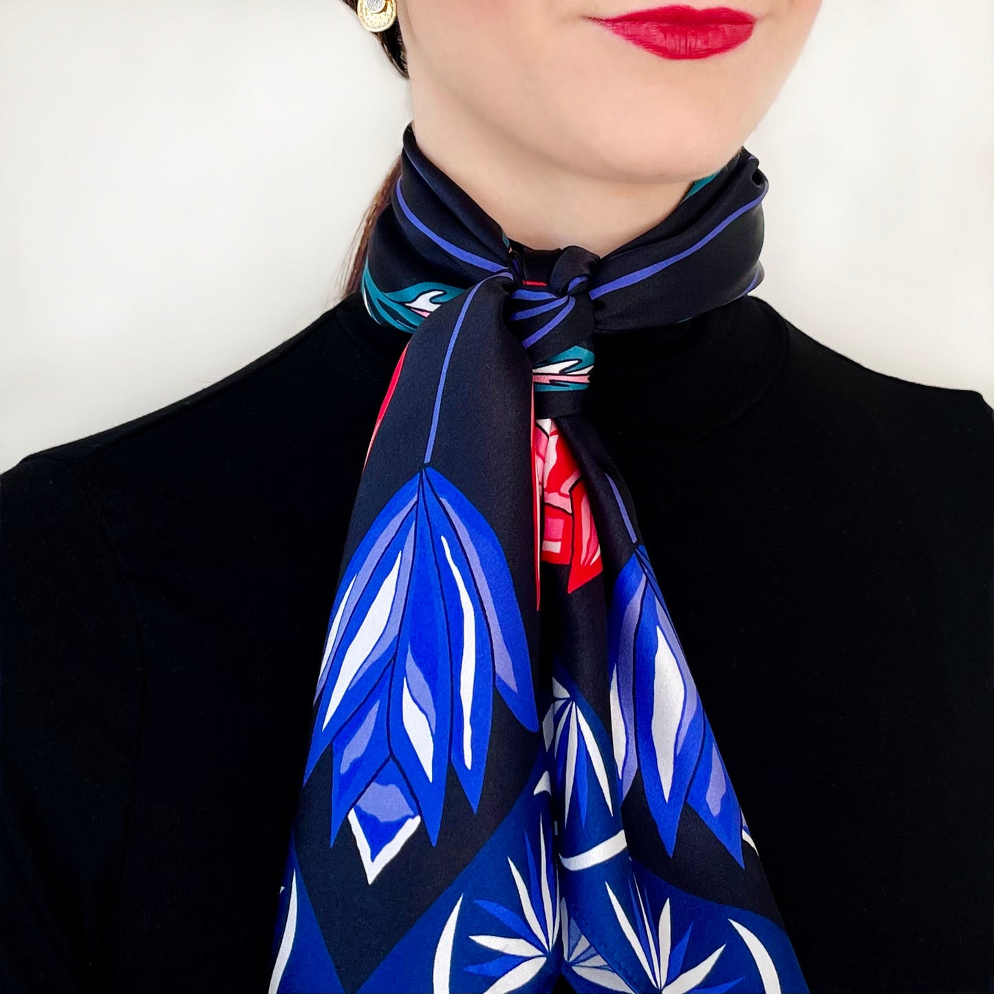 Black Tulip Print Silk Scarf Medium