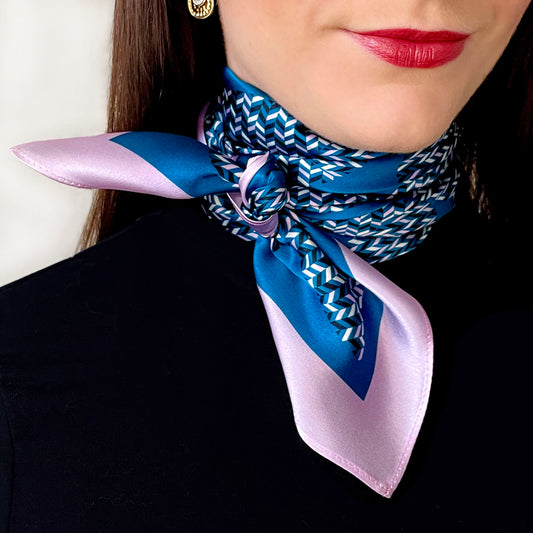 Blue Geometric Print Silk Scarf 65cm