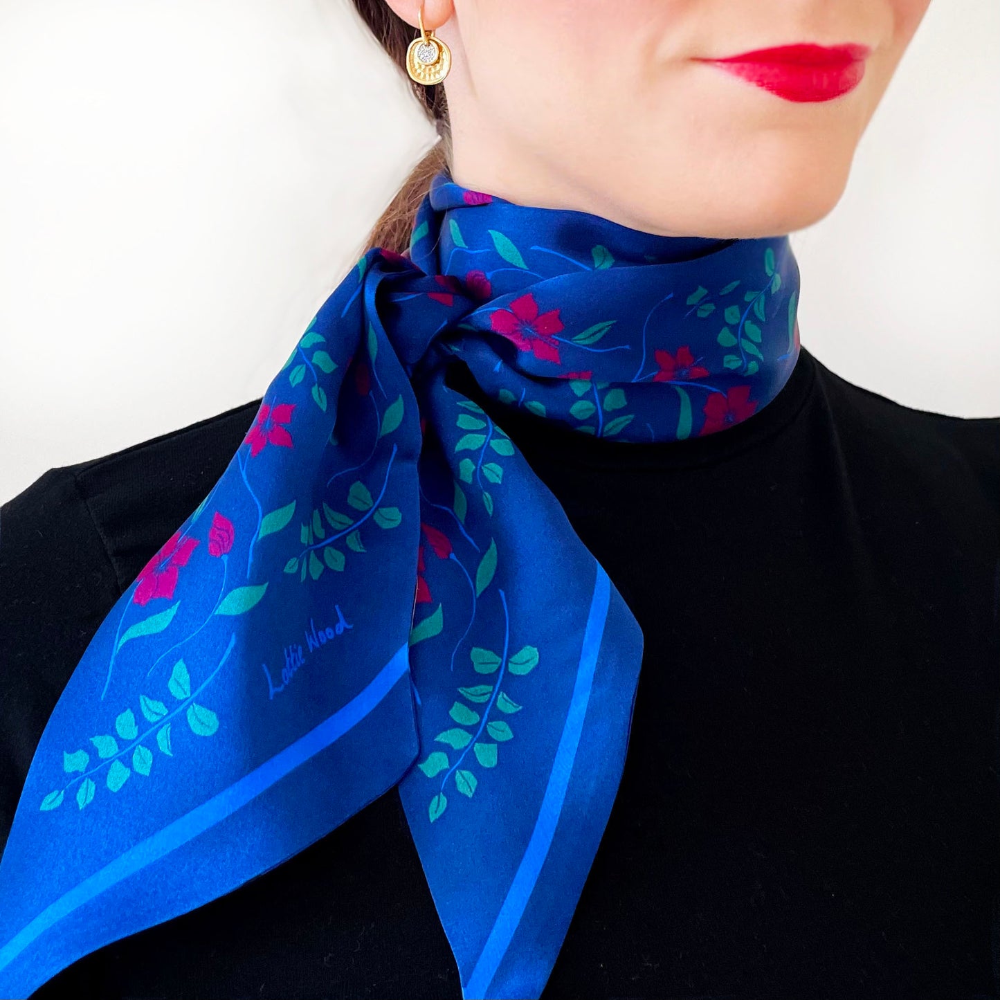 Navy Floral Hibiscus Print Silk Skinny Scarf