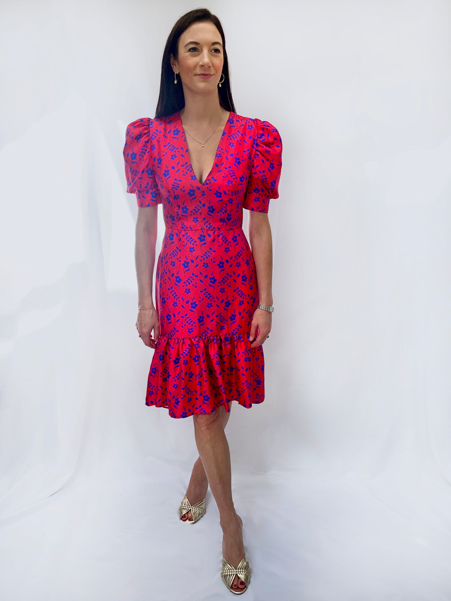 Lottie Silk Knee-Length Dress in Red Hibiscus Print