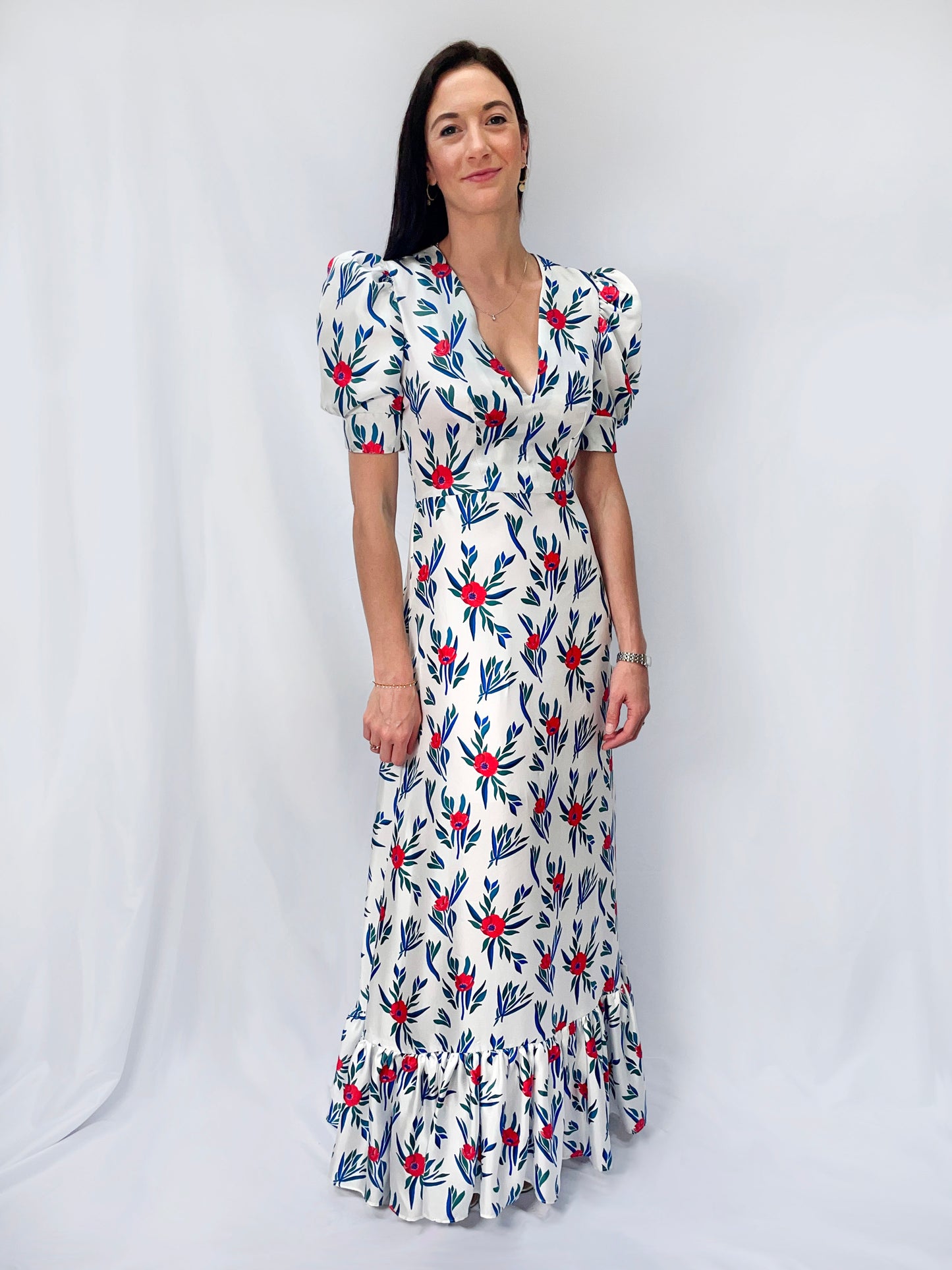 Lottie Silk Maxi Dress in White Poppy Print