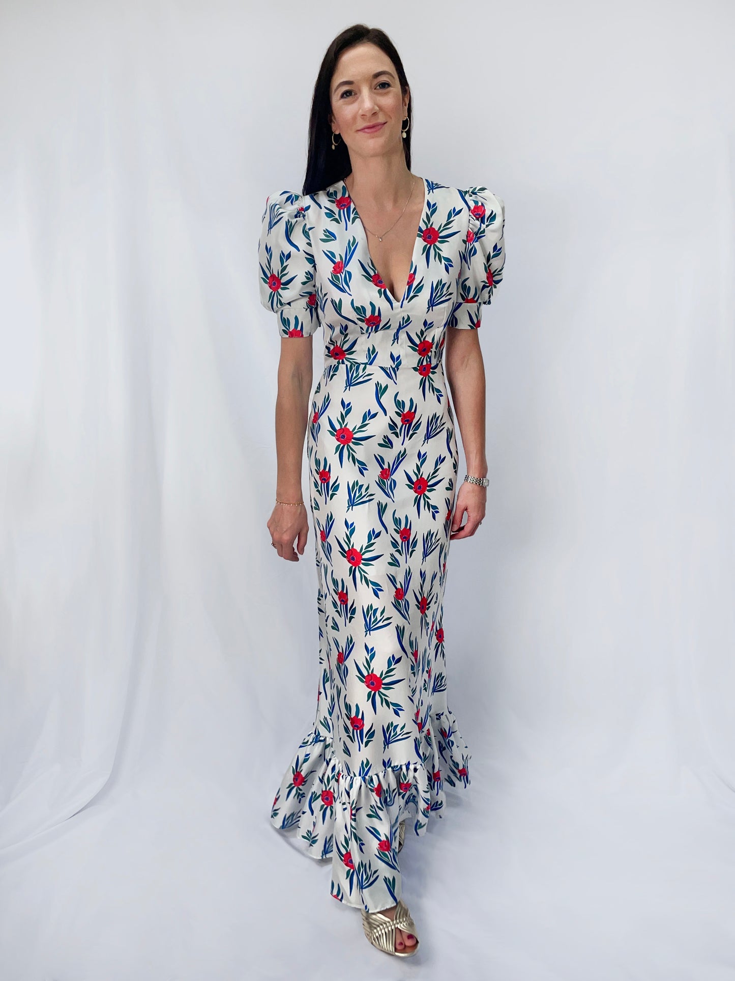 Lottie Silk Maxi Dress in White Poppy Print