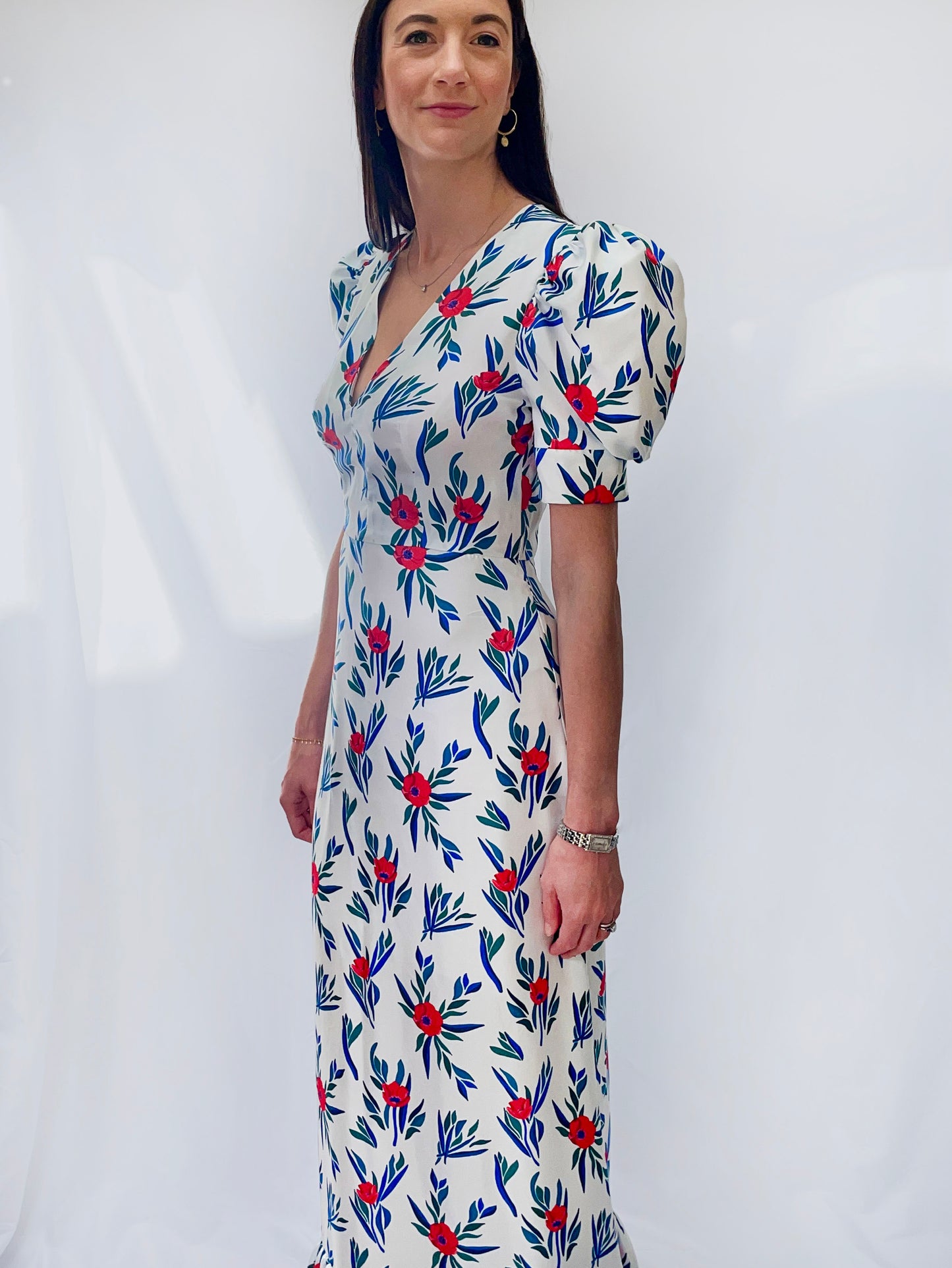 Lottie Silk Maxi Dress in White Poppy Print