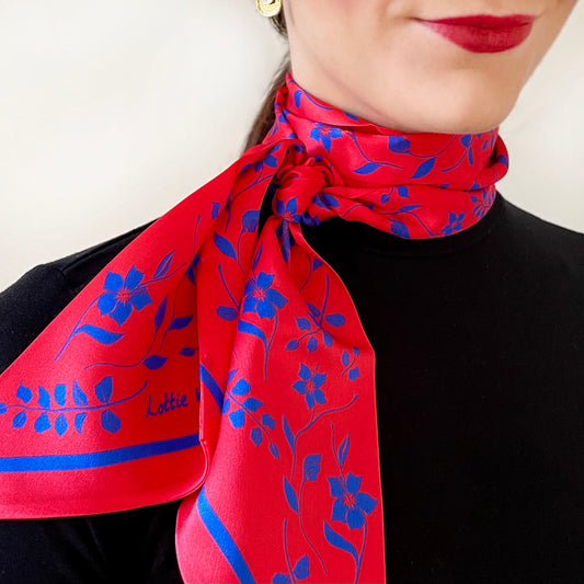 Red Floral Hibiscus Print Satin Twilly Scarf