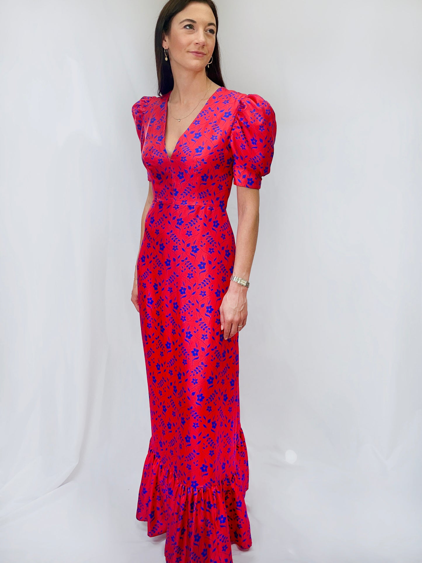 Lottie Silk Maxi Dress in Red Hibiscus Print