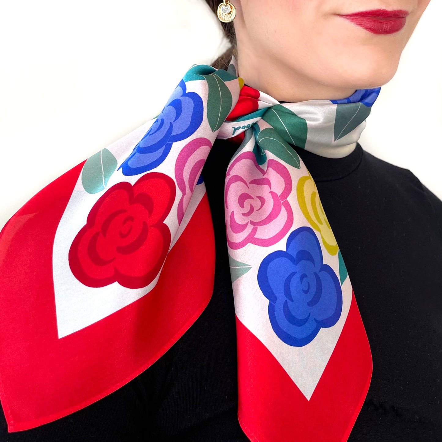 Red and White Rose Garden Floral Silk Scarf Medium