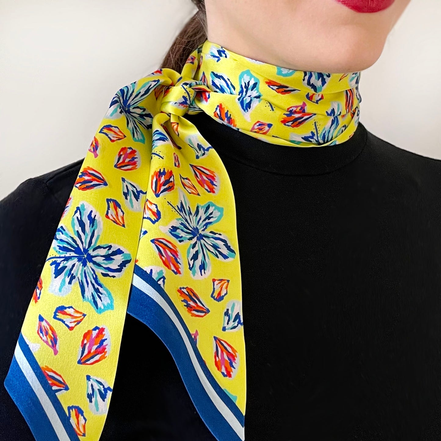 Yellow Floral Print Silk Skinny Scarf