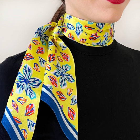 Yellow Floral Print Silk Twilly Scarf