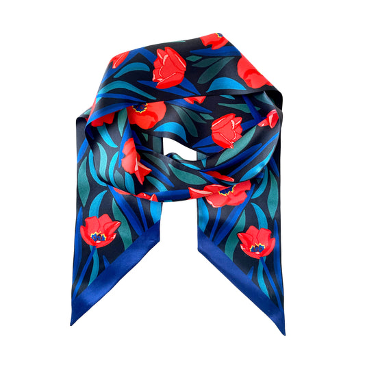 Black Midnight Garden Floral Silk Skinny Scarf