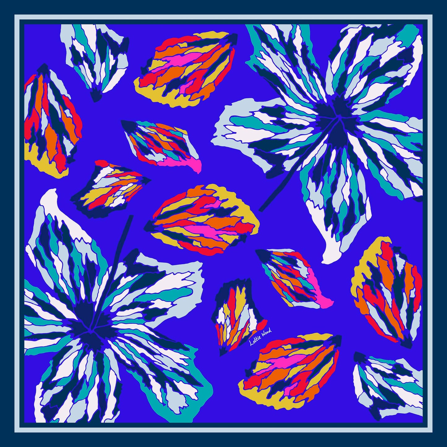 Blue Floral Hibiscus print silk scarf Large