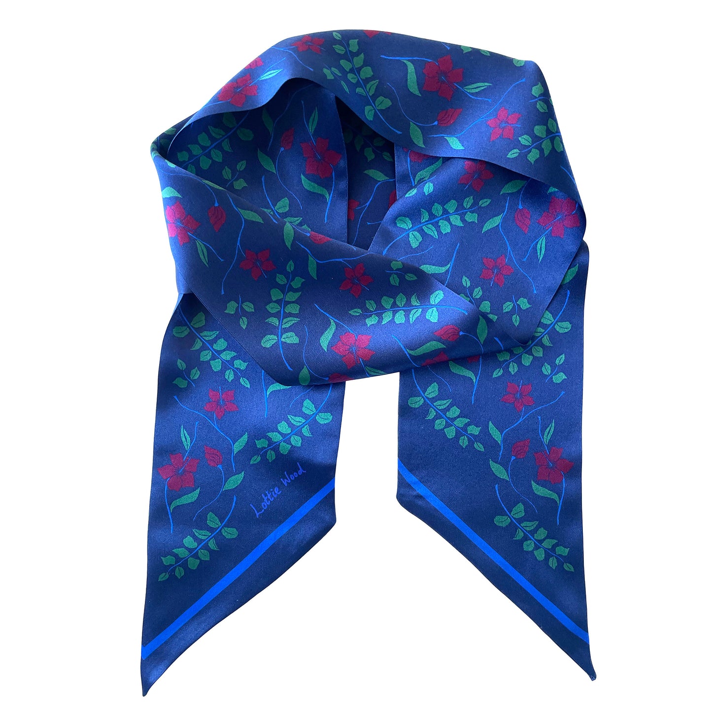 Navy Floral Hibiscus Print Silk Skinny Scarf