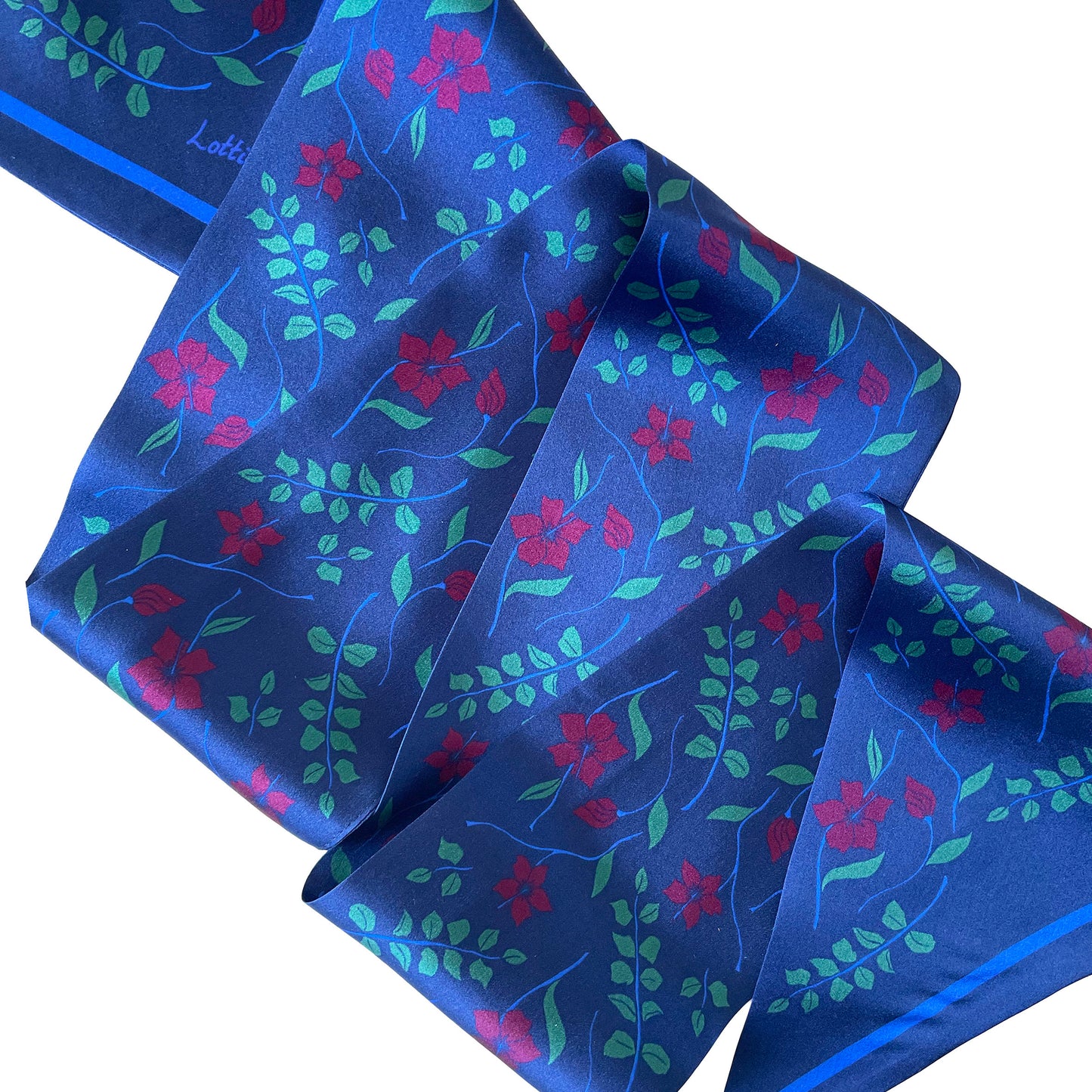 Navy Floral Hibiscus Print Silk Skinny Scarf