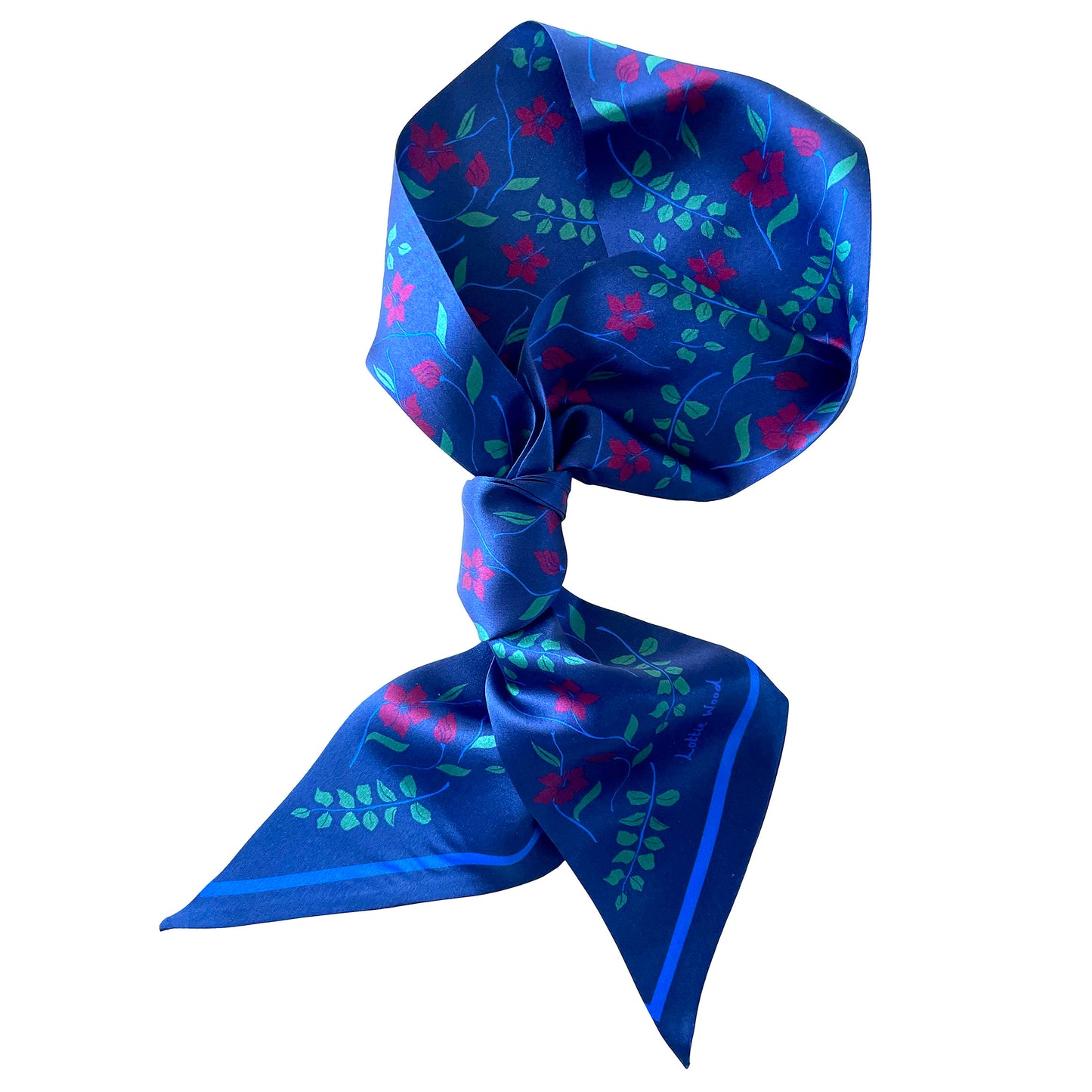 Navy Floral Hibiscus Print Silk Skinny Scarf