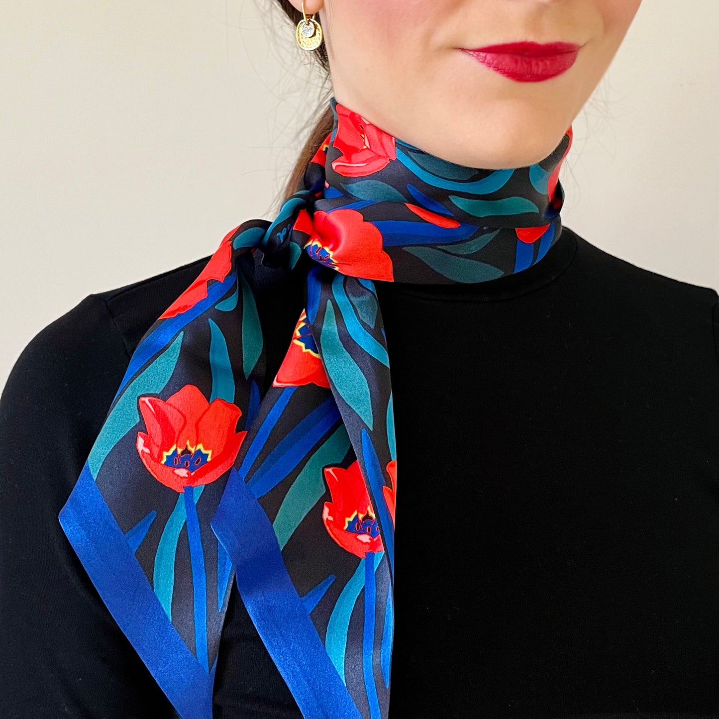 Black Midnight Garden Floral Silk Skinny Scarf