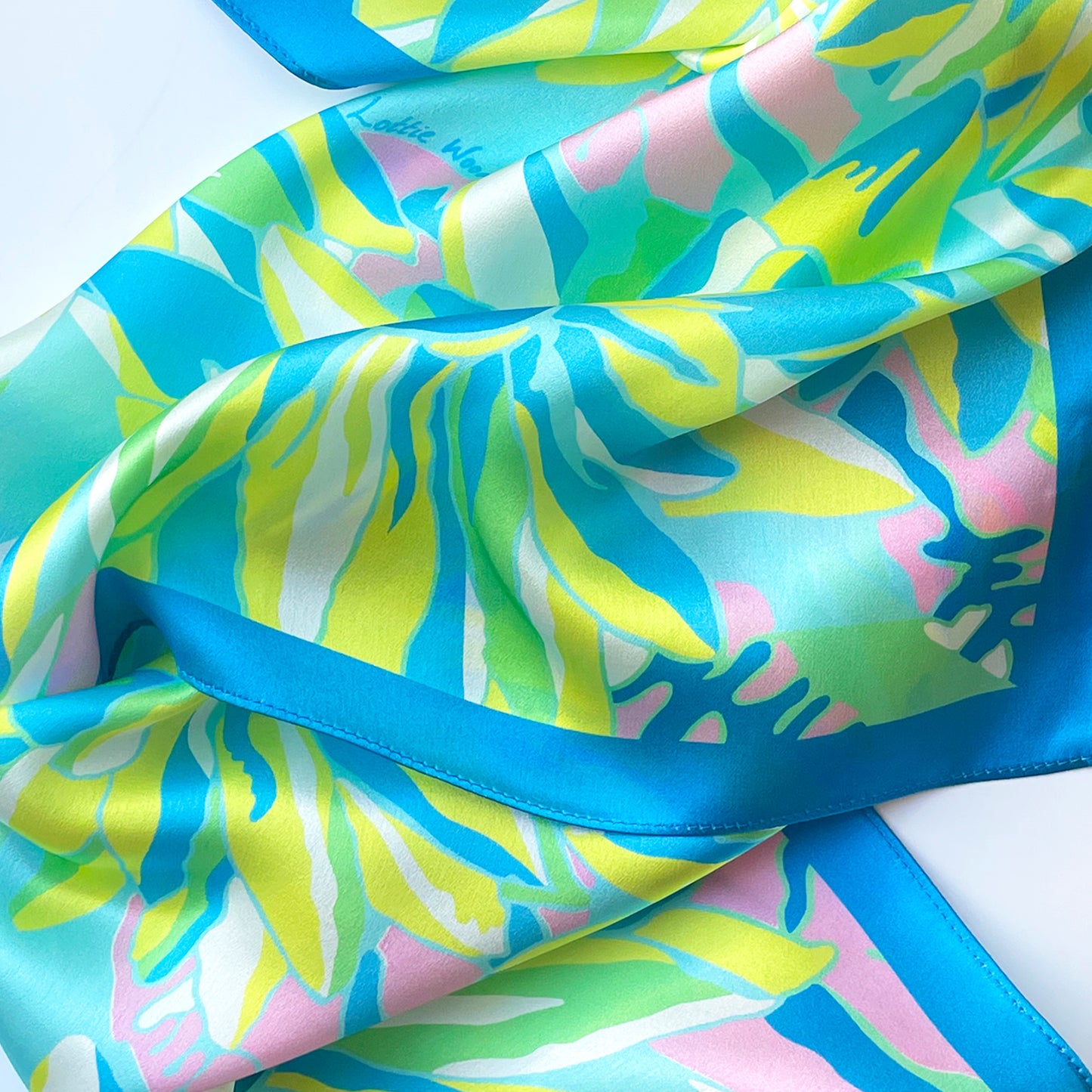 Blue, Green and Yellow Floral Waterlily Print Silk Scarf Medium