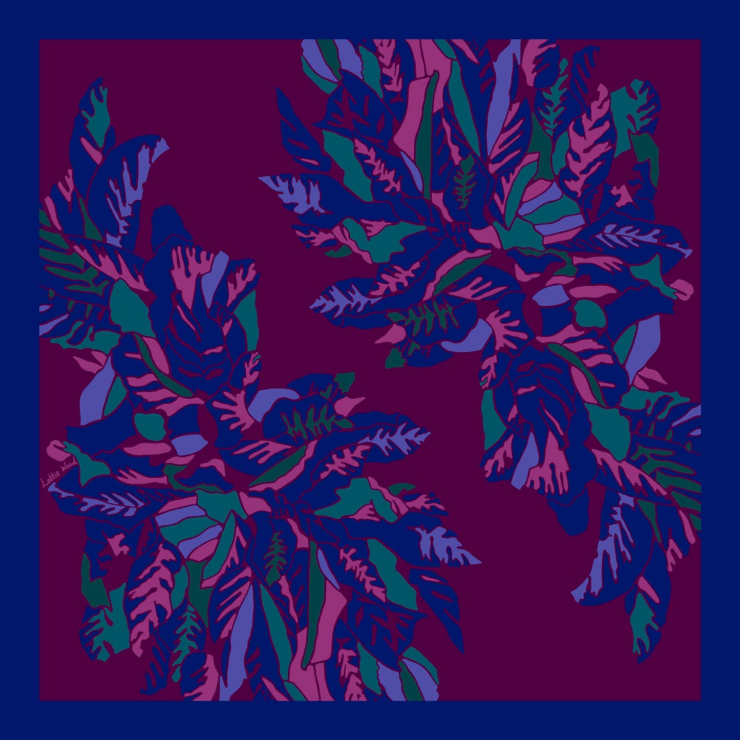 Purple Jungle Leaf Silk Twill Scarf 68cm